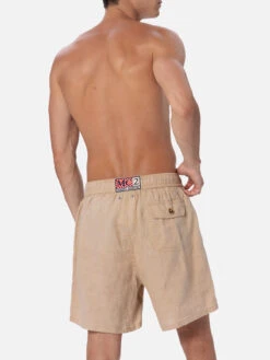 MC2 Saint Barth Man Mid-length Beige Linen Swim-shorts Gustavia -MC2 Saint Barth Store GUS0008 00023F 03