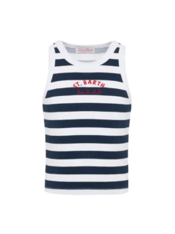 MC2 Saint Barth Blue Jr Navy Blue Striped Rib-knit Cotton Crop Tank With Embroidery