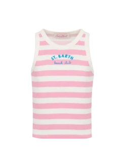 MC2 Saint Barth Blue Jr Pink Striped Rib-knit Cotton Crop Tank With Embroidery