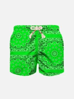 MC2 Saint Barth Boy Fluo Green Swim Shorts With Bandanna Print