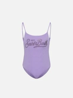 MC2 Saint Barth Cecille Jr One-piece Shiny Swimsuit With Rhinestone Logo