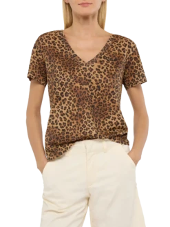 MC2 Saint Barth Linen Jersey V-neck T-shirt Eloise With Animalier Print