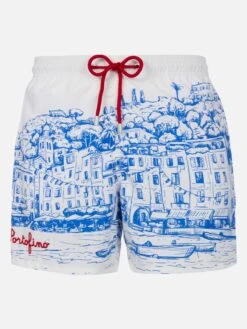 MC2 Saint Barth Man Mid-length Gustavia Swim-shorts With Portofino Placed Print