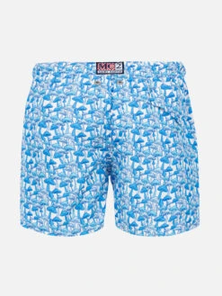 Alternative view of MC2 Saint Barth Boy Light Fabric Swim Shorts With Light Blue Mushrooms Print