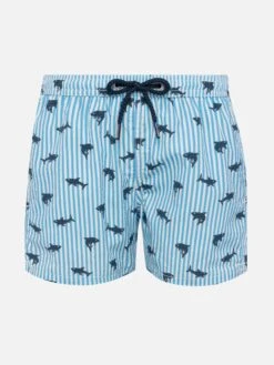 MC2 Saint Barth Patmos Jr Seersucker Striped Mid-length Swim Shorts With Shark Print