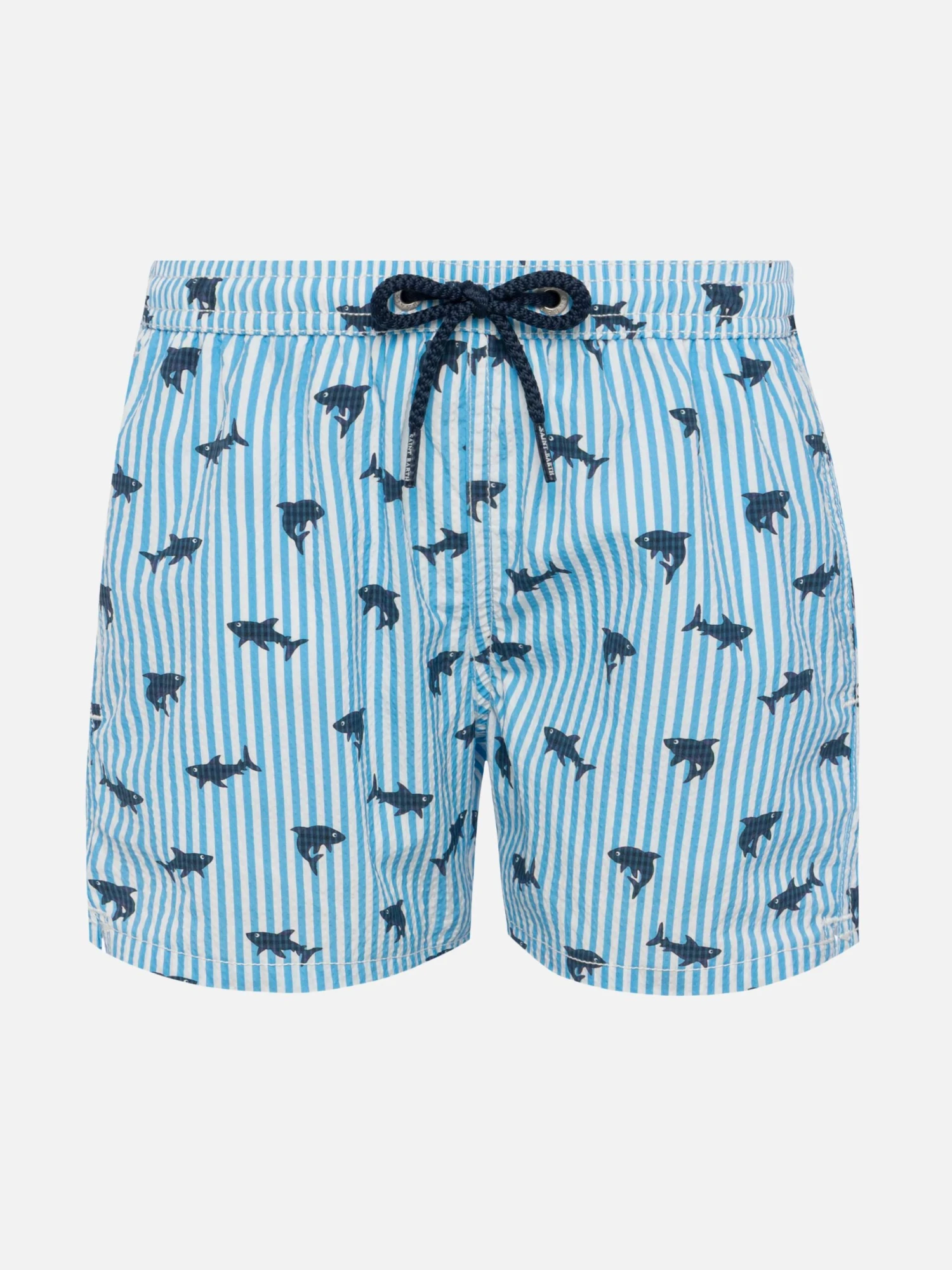 MC2 Saint Barth Patmos Jr Seersucker Striped Mid-length Swim Shorts With Shark Print 3 MC2 Saint Barth Patmos Jr Seersucker Striped Mid-length Swim Shorts With Shark Print