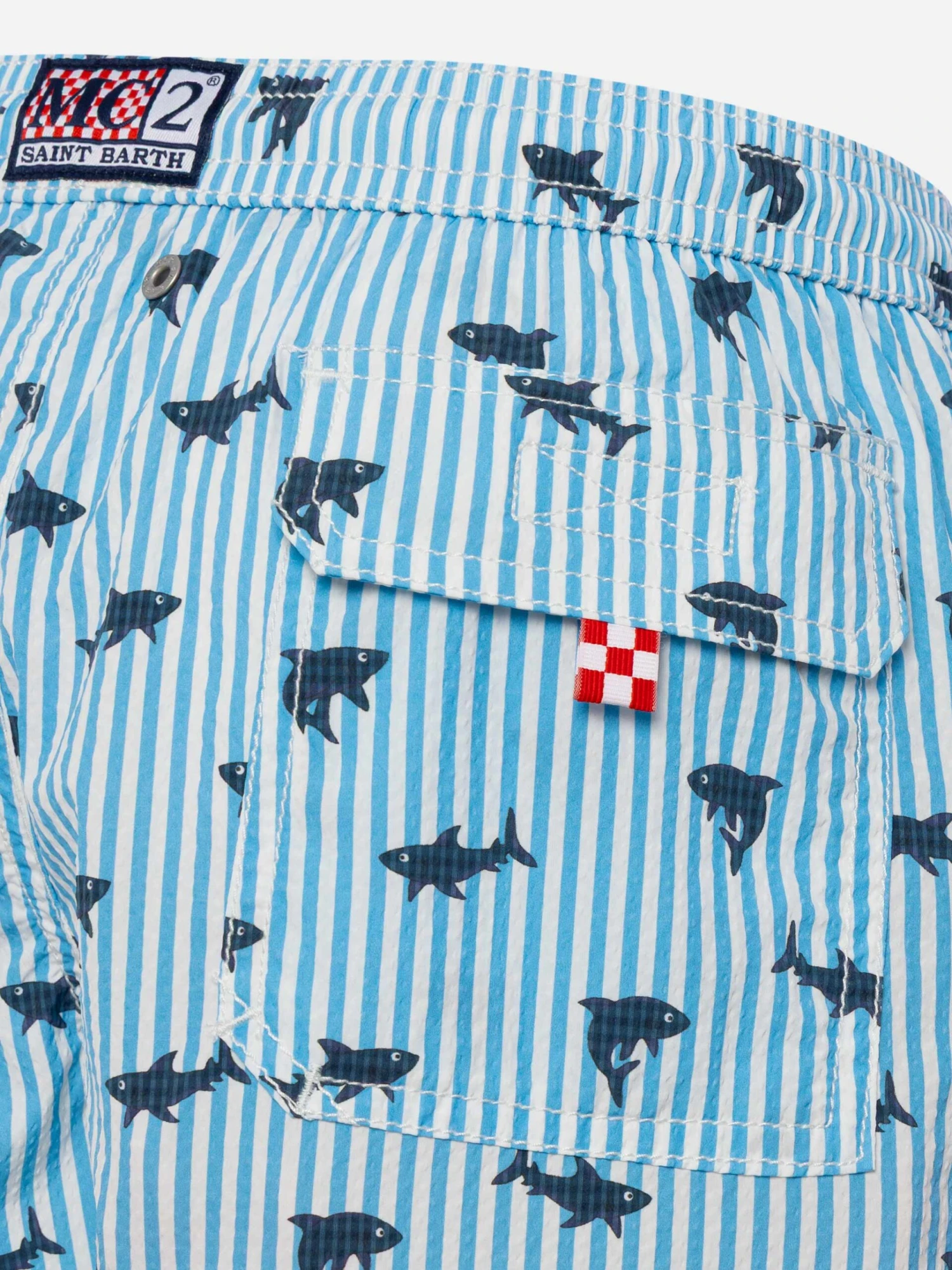 MC2 Saint Barth Patmos Jr Seersucker Striped Mid-length Swim Shorts With Shark Print 5 MC2 Saint Barth Patmos Jr Seersucker Striped Mid-length Swim Shorts With Shark Print - Image 3