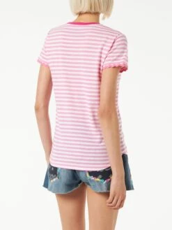 MC2 Saint Barth Fucsia Striped Cotton T-shirt With St. Barth Embroidery -MC2 Saint Barth Store embroidery striped tshirt woman 2