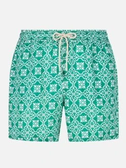 MC2 Saint Barth Man Linen Swim Shorts With Patterned Print