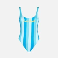 MC2 Saint Barth Woman Light Blue And Bluette Striped Print One Piece Swimsuit